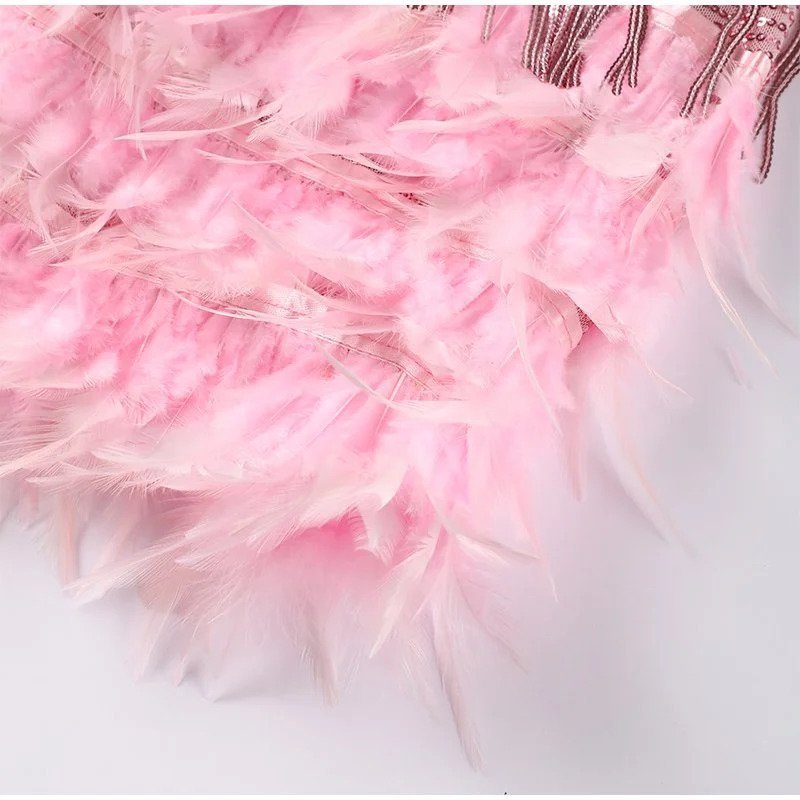 Women's Cocktail Dress - V-Neck Spaghetti Straps - Fringe & Feather Details - Elegant Party Wear
