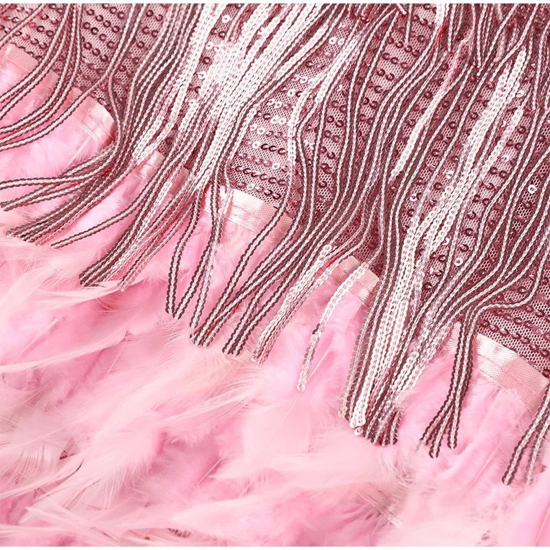 Women's Cocktail Dress - V-Neck Spaghetti Straps - Fringe & Feather Details - Elegant Party Wear