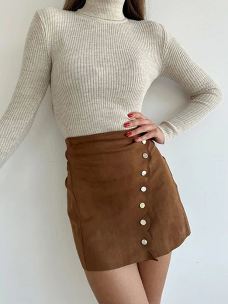 Women’s Mini Skirt – Suede Slim Fit – A-Line Shape – Side Button Detail