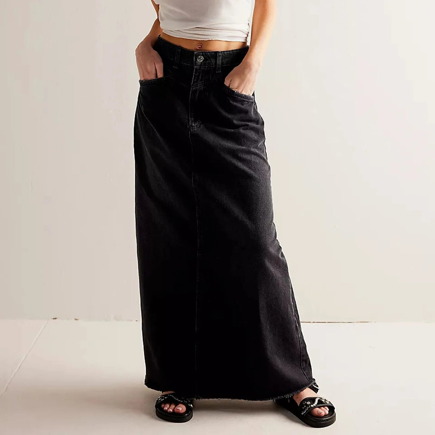 Women’s Denim Skirt – High Waist – Straight Fit – Full Length – Raw Hem – 5 Pockets