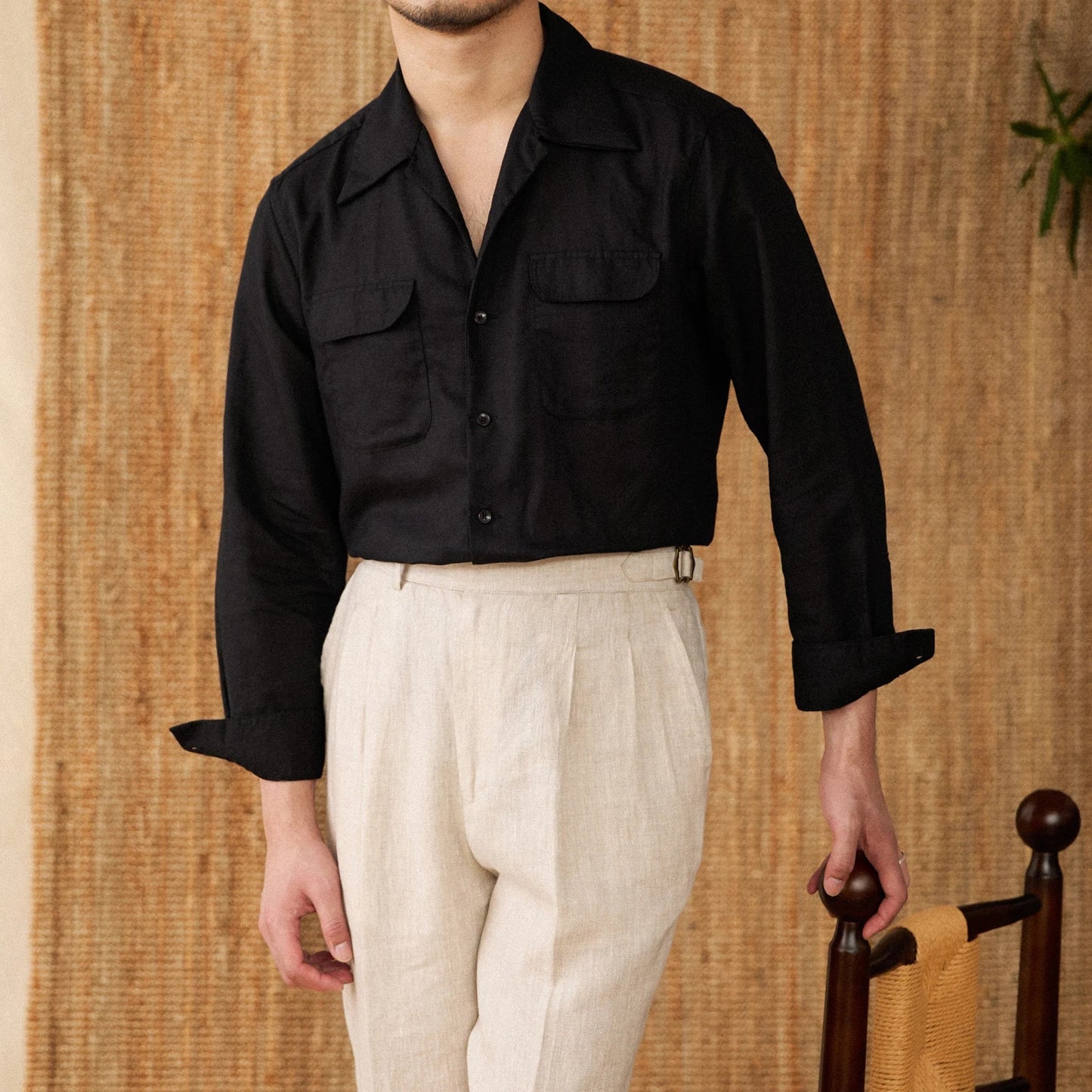 Men’s Linen Shirt – Relaxed Fit – Button-Up – Long Sleeve – Two Chest Pockets