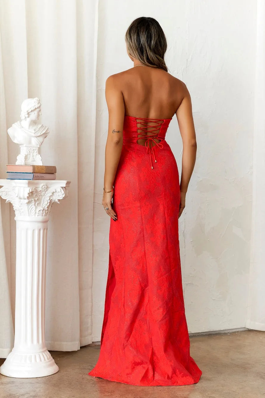 Women's Strapless Evening Prom Gown - Corset Bodice - Sweetheart Neckline - High Slit