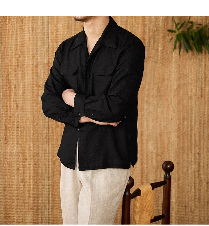 Men’s Linen Shirt – Relaxed Fit – Button-Up – Long Sleeve – Two Chest Pockets