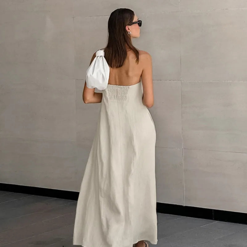 Women’s Strapless Dress – Relaxed Fit – Full Length – Backless – Pockets
