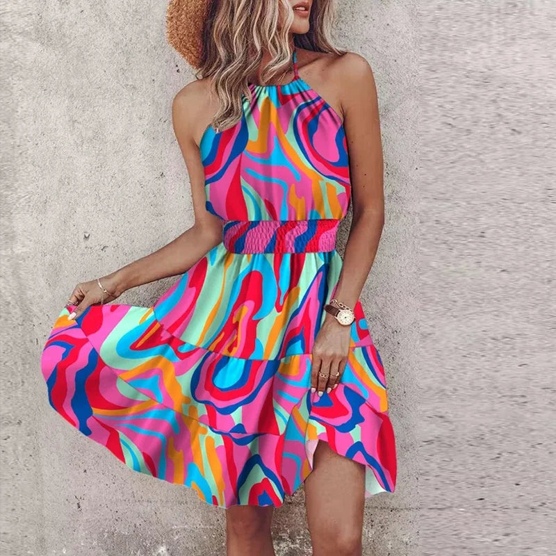 Women’s Mini Dress – Relaxed Fit – Halter Neck – Smocked Waist – Bohemian Print – Breathable Blend