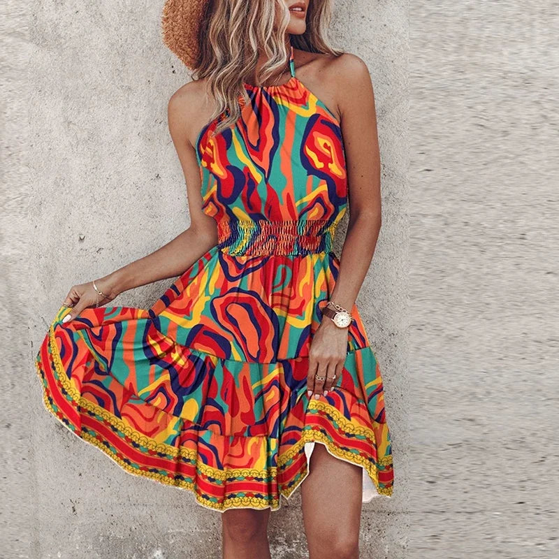 Women’s Mini Dress – Relaxed Fit – Halter Neck – Smocked Waist – Bohemian Print – Breathable Blend