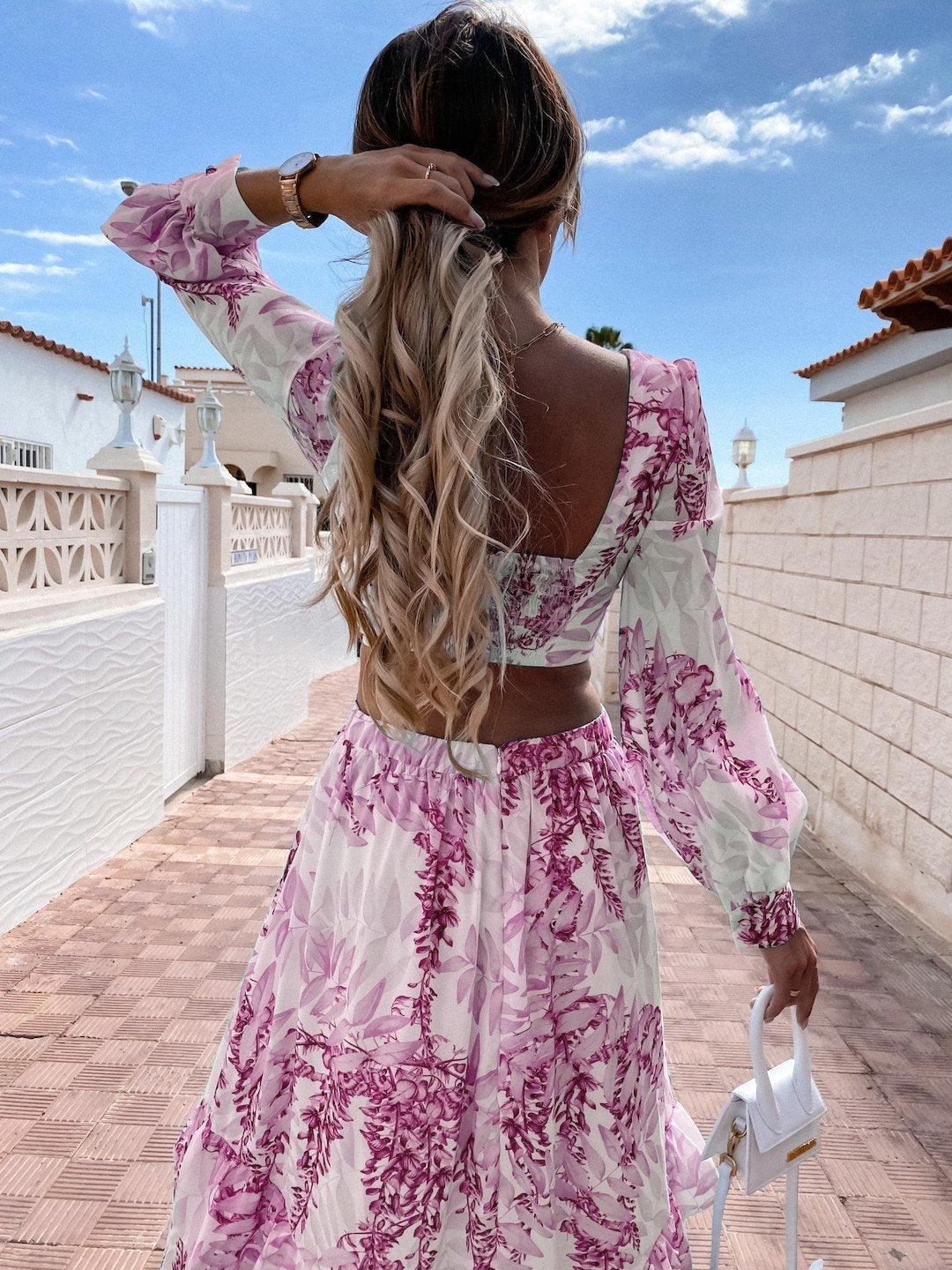 Women’s Maxi Dress – V-Neck – Waist Cut-Out – Long Puff Sleeve – Flowy Fit
