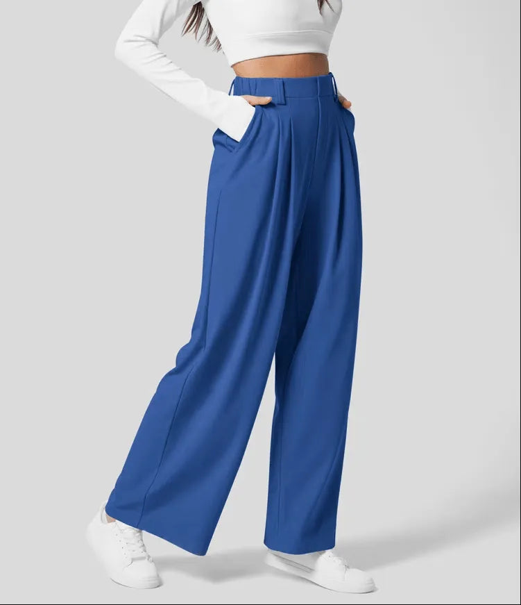 Women's Wide-Leg Trousers - High Waist - Tailored Fit - Pleated Design with Pockets