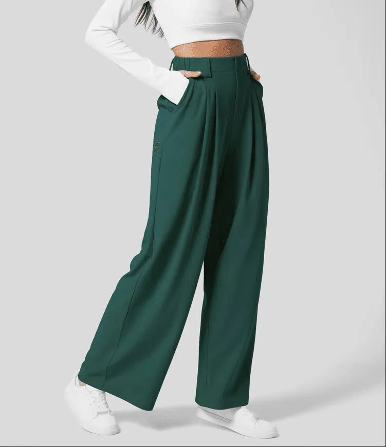 Women's Wide-Leg Trousers - High Waist - Tailored Fit - Pleated Design with Pockets