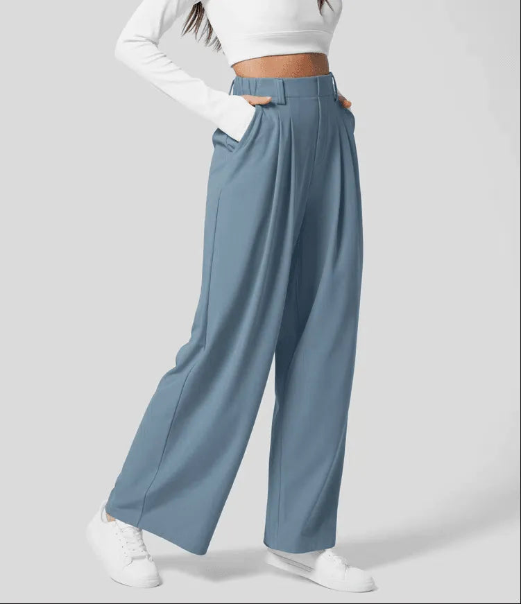 Women's Wide-Leg Trousers - High Waist - Tailored Fit - Pleated Design with Pockets