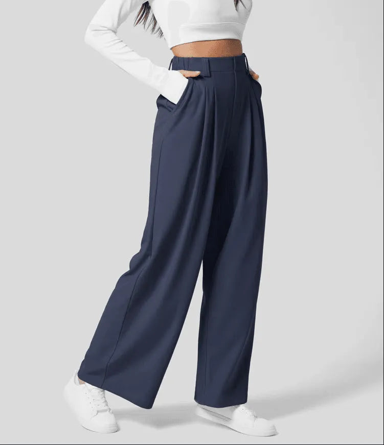 Women's Wide-Leg Trousers - High Waist - Tailored Fit - Pleated Design with Pockets