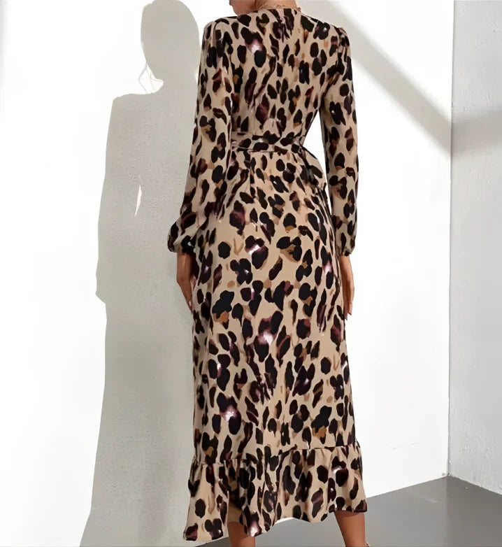 V-neck Dress with Leopard Print | Lightweight Polyester Fabric