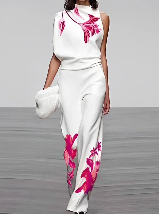 Women's Two-Piece Outfit - Sleeveless Asymmetrical Top & High-Waisted Wide-Leg Trousers