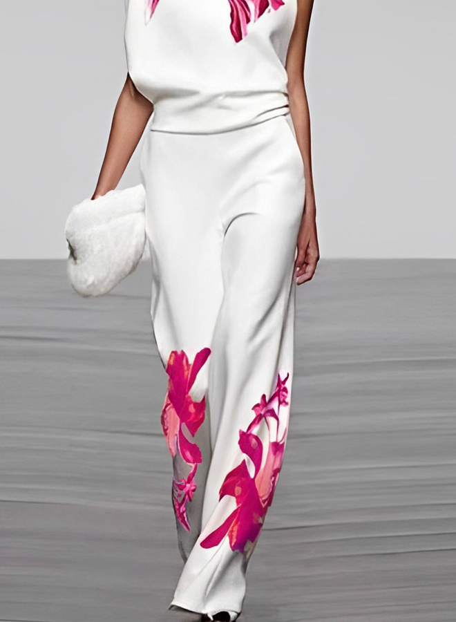 Women's Two-Piece Outfit - Sleeveless Asymmetrical Top & High-Waisted Wide-Leg Trousers