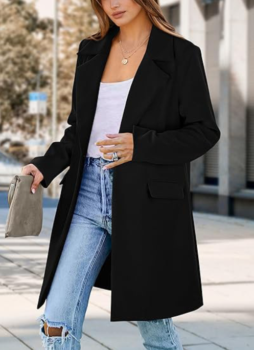 Women’s Long Coat – Relaxed Fit – Wool Blend – Wide Lapels – Single Button Closure