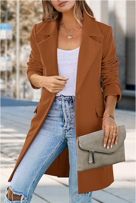 Women’s Long Coat – Relaxed Fit – Wool Blend – Wide Lapels – Single Button Closure