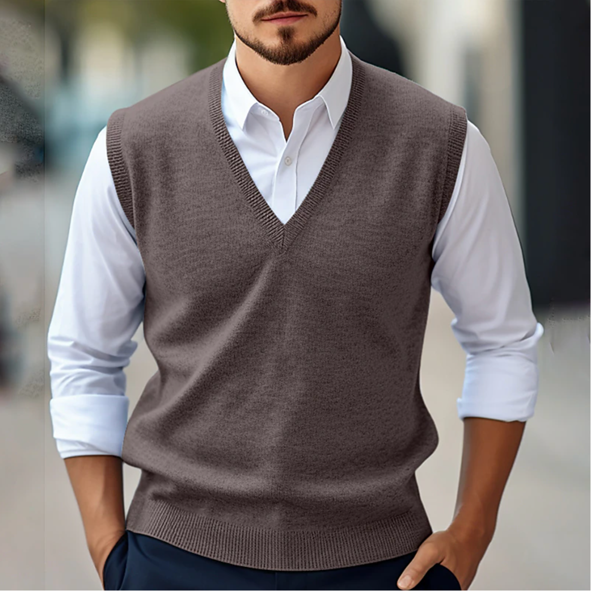 Men’s Sleeveless V-Neck Sweater – Fine Knit – Classic Fit – Ribbed Trim – Smart Layering