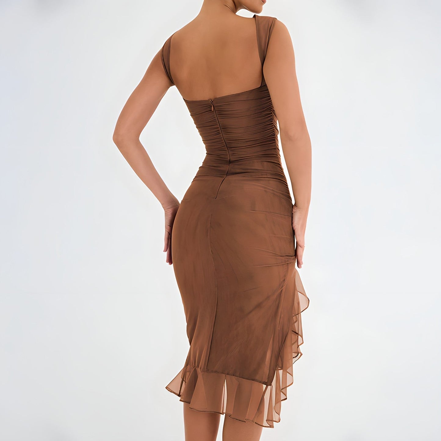 Women's Sleeveless Cocktail Dress - Ruched Bodycon Fit - Asymmetrical Ruffle Hem