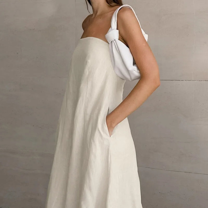 Women’s Strapless Dress – Relaxed Fit – Full Length – Backless – Pockets