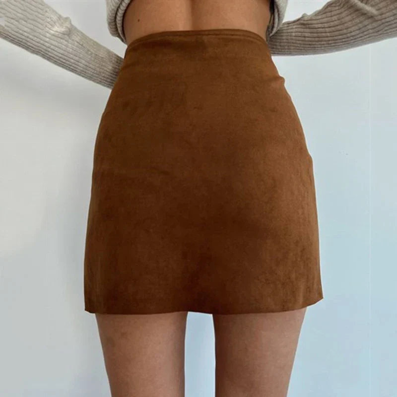 Women’s Mini Skirt – Suede Slim Fit – A-Line Shape – Side Button Detail