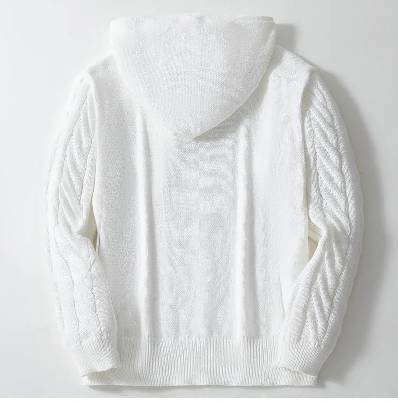 Men’s Hooded Knit Sweatshirt – Cable Knit – Loose Fit – Drawstring – Ribbed Hem