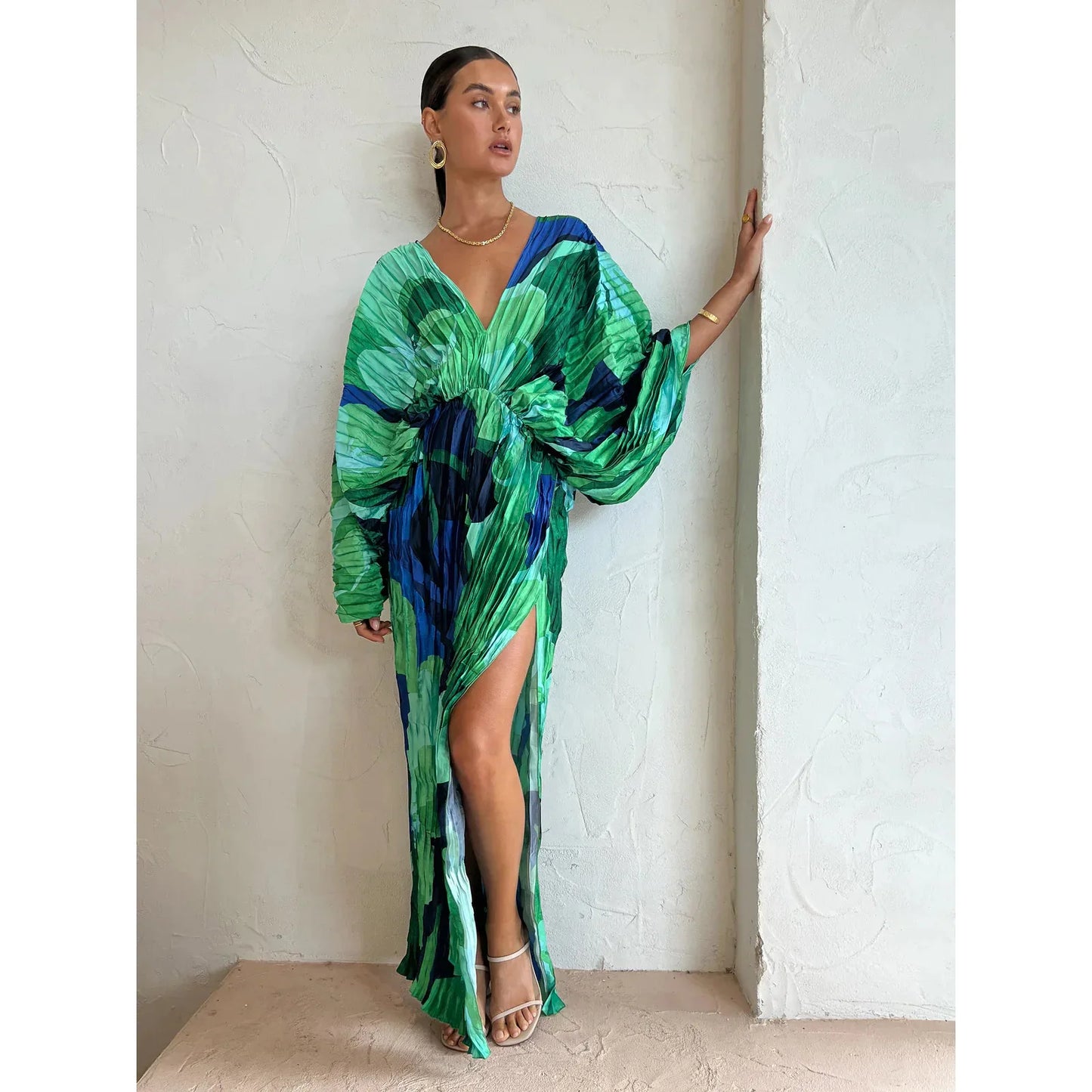 Women's Pleated Maxi Dress - Deep V-Neck - Cinched Waist - High Slit Elegant Fit