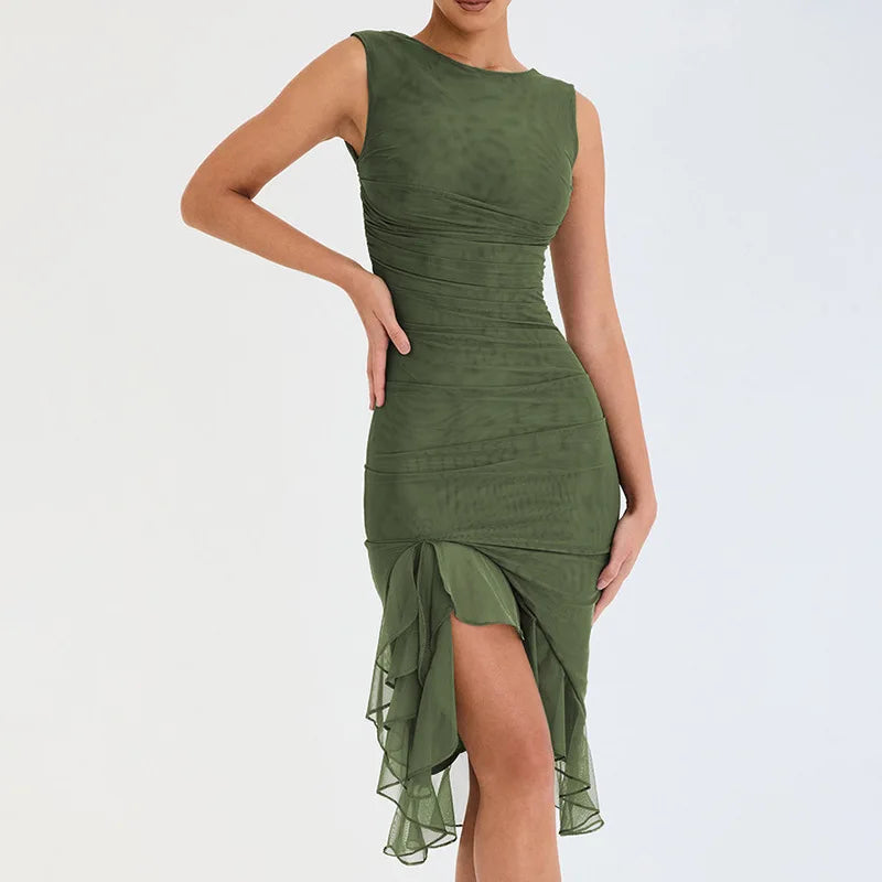 Women's Bodycon Midi Dress - Sleeveless High Neck - Asymmetrical Ruffle Hem