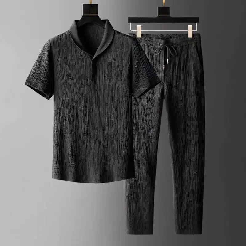 Men’s Lounge Set – Textured Fabric – Shawl Collar Shirt & Straight-Leg Pants – Relaxed Fit