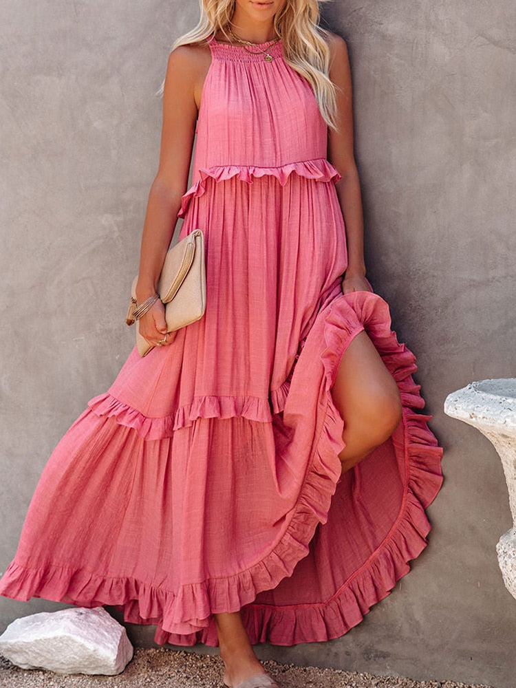 Women’s Maxi Dress – Relaxed Fit – Halter Neck – Ruffle Detail – Natural Fibers