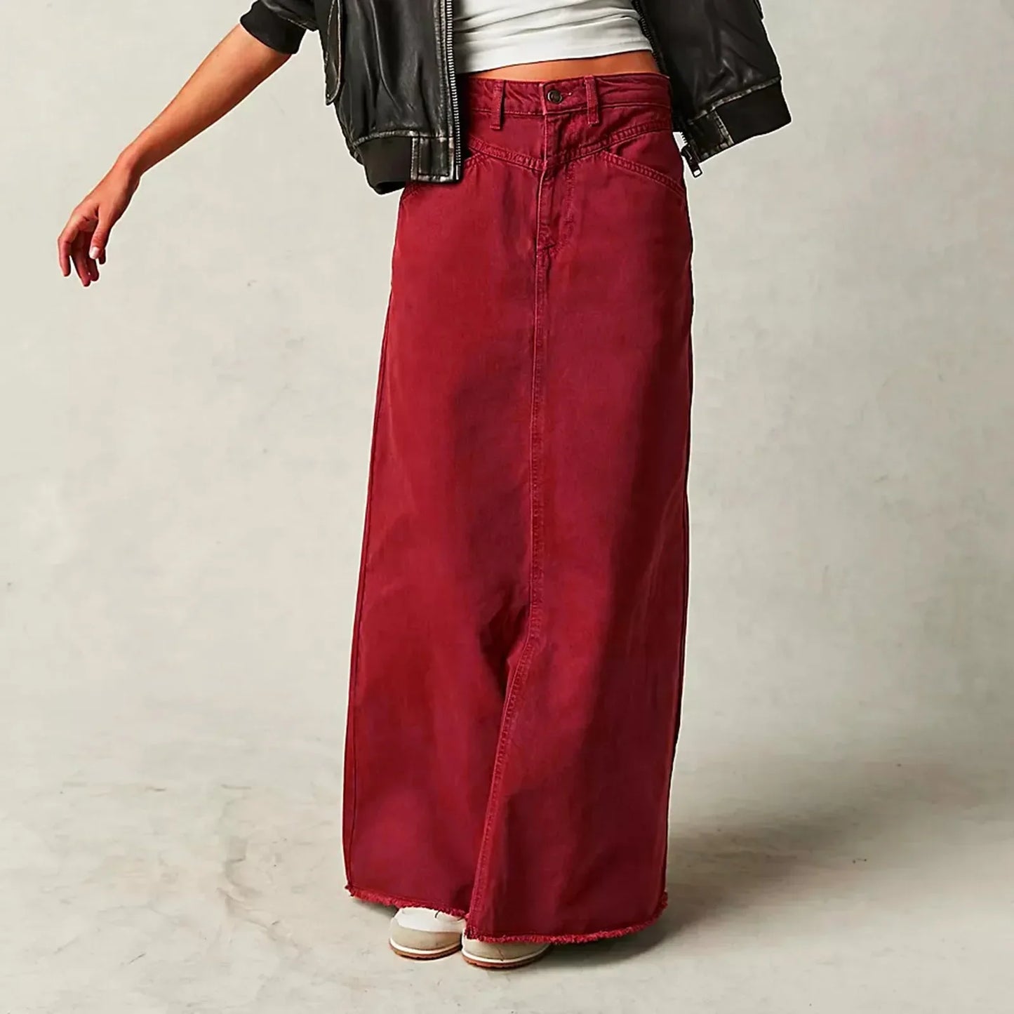 Women’s Denim Skirt – High Waist – Straight Fit – Full Length – Raw Hem – 5 Pockets