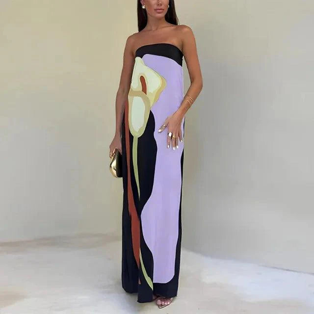 Women’s Maxi Dress – Strapless – Lightweight Fabric – Column Silhouette – Abstract Print