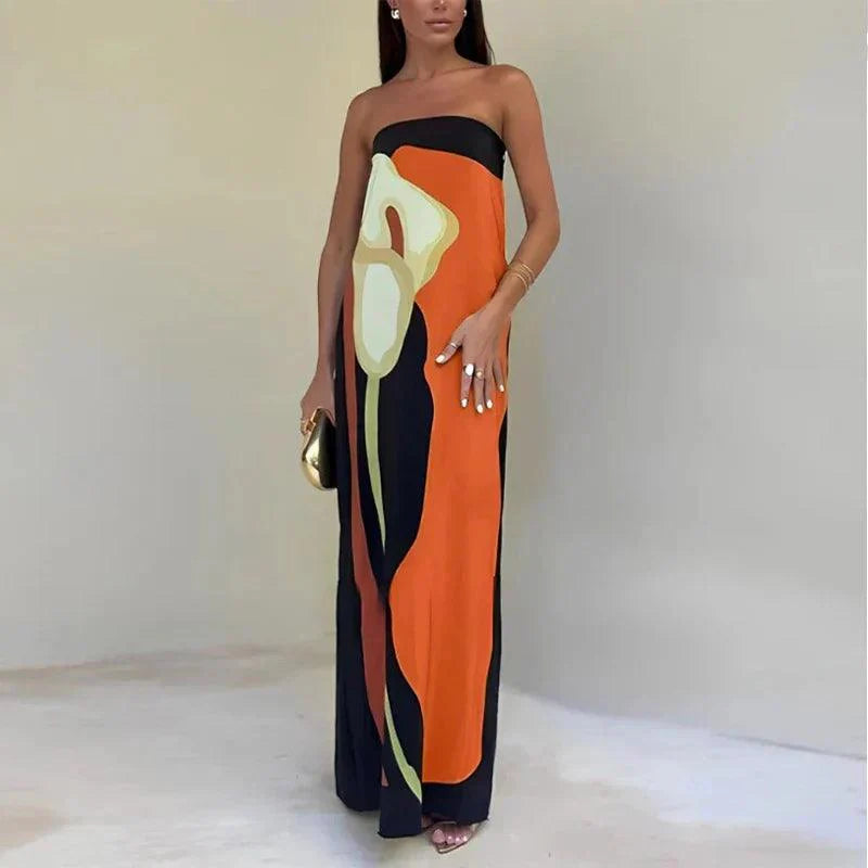 Women’s Maxi Dress – Strapless – Lightweight Fabric – Column Silhouette – Abstract Print