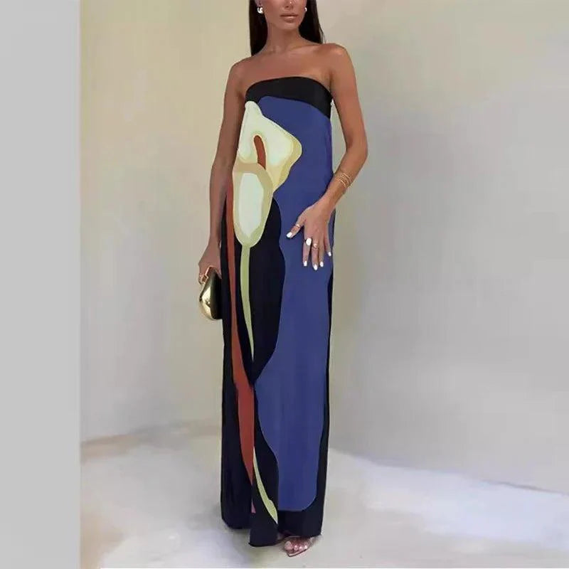 Women’s Maxi Dress – Strapless – Lightweight Fabric – Column Silhouette – Abstract Print