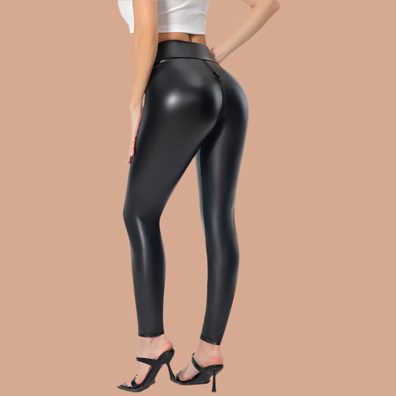 Women’s Faux Leather Pants – Slim Fit – Full Length – Front Zip – Shiny Finish