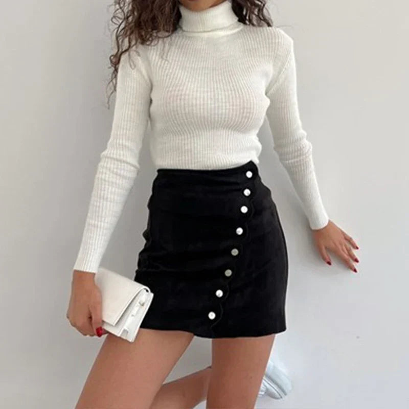 Women’s Mini Skirt – Suede Slim Fit – A-Line Shape – Side Button Detail