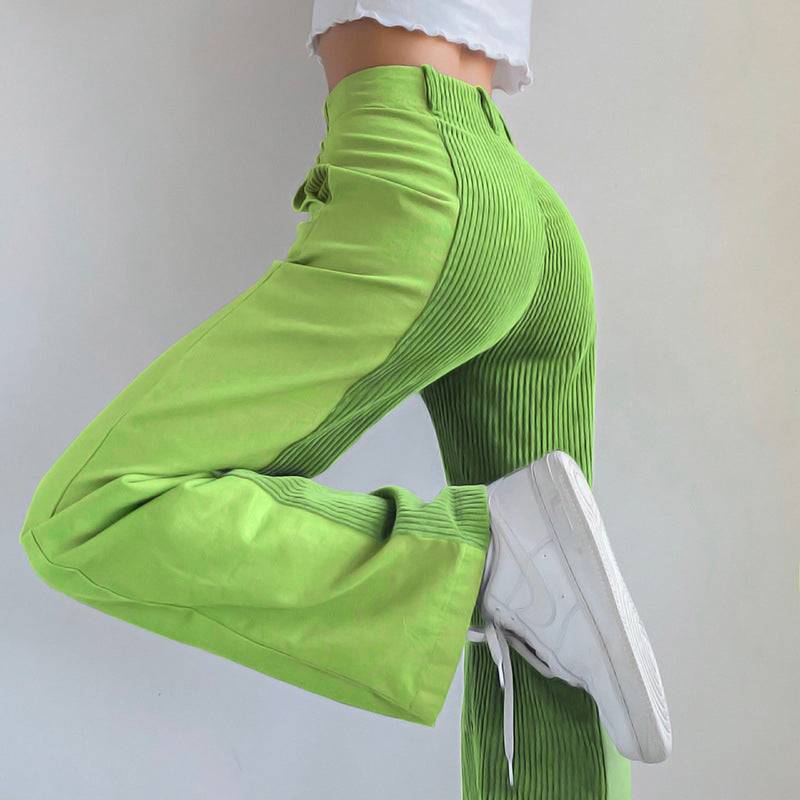 Women's Trousers - High Waist - Flared Wide Leg - Ribbed Side Detailing - Casual Fit