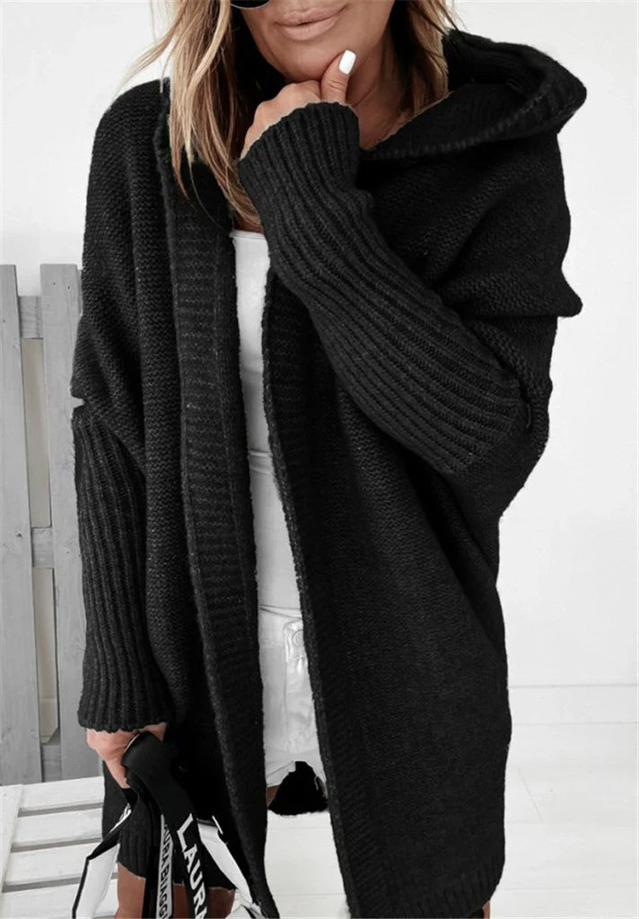 Women’s Cardigan – Oversized Fit – Knitted Wool Blend – Hooded Open Front Layering