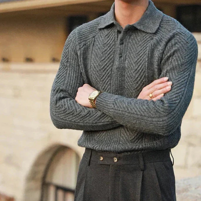 Men’s Knitted Sweater – Slim Fit – Cable Knit – Polo Collar – Long Sleeve Smart Wear