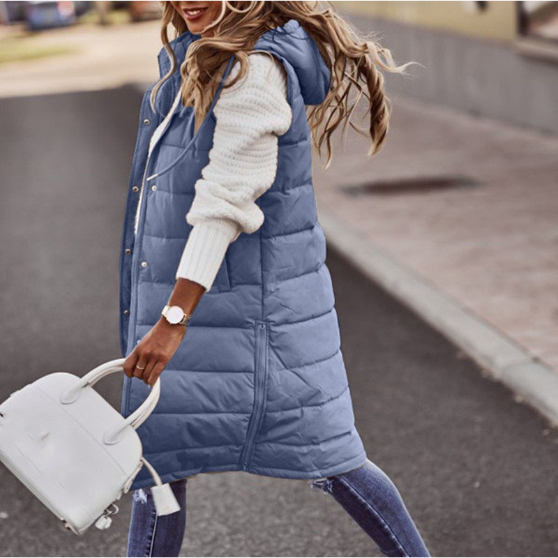 Women’s Long Bodywarmer – Oversized Fit – Quilted Padded – Hooded Pull-On Style