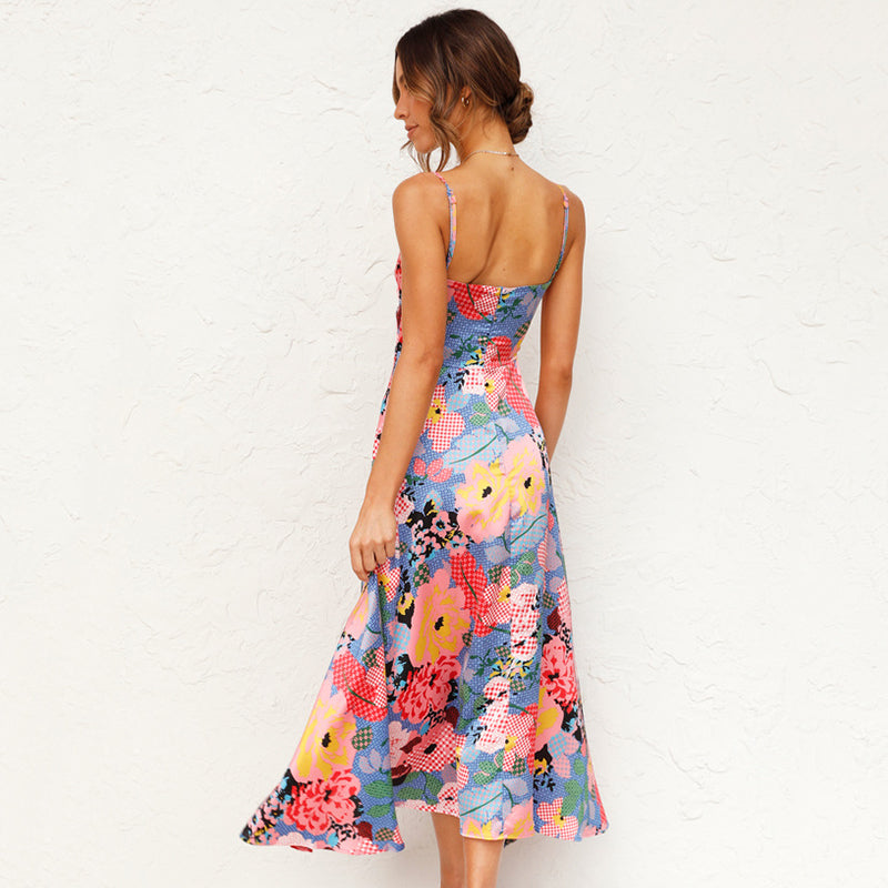 Women's Maxi Dress - Floral Print - Spaghetti Straps - Tie Front Cut-Out - High Slit