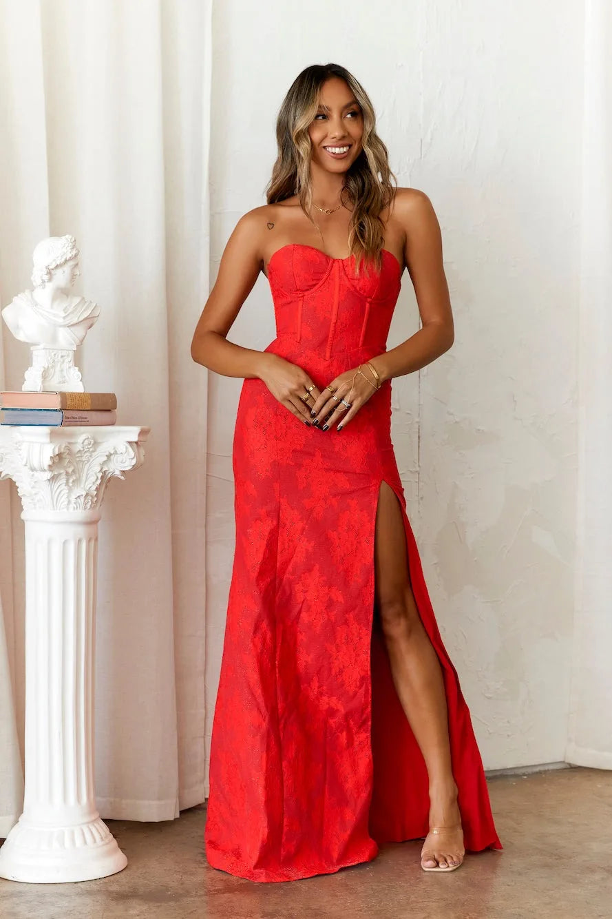 Women's Strapless Evening Prom Gown - Corset Bodice - Sweetheart Neckline - High Slit