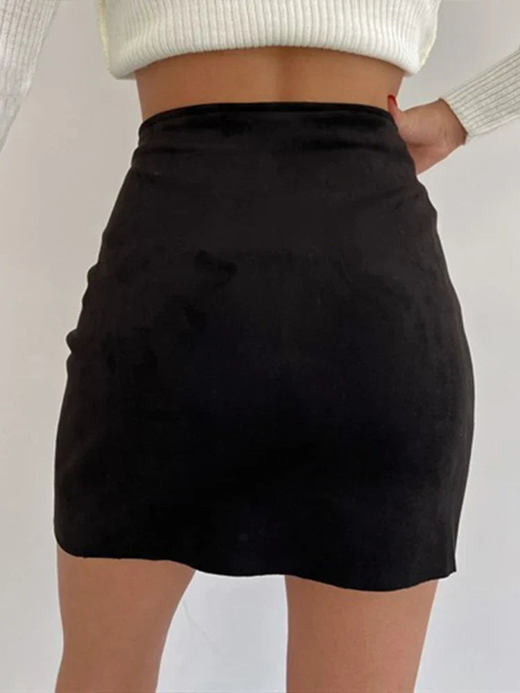 Women’s Mini Skirt – Suede Slim Fit – A-Line Shape – Side Button Detail