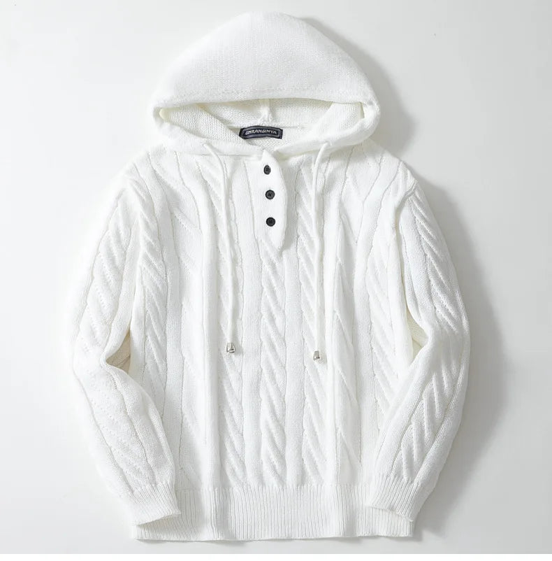 Men’s Hooded Knit Sweatshirt – Cable Knit – Loose Fit – Drawstring – Ribbed Hem