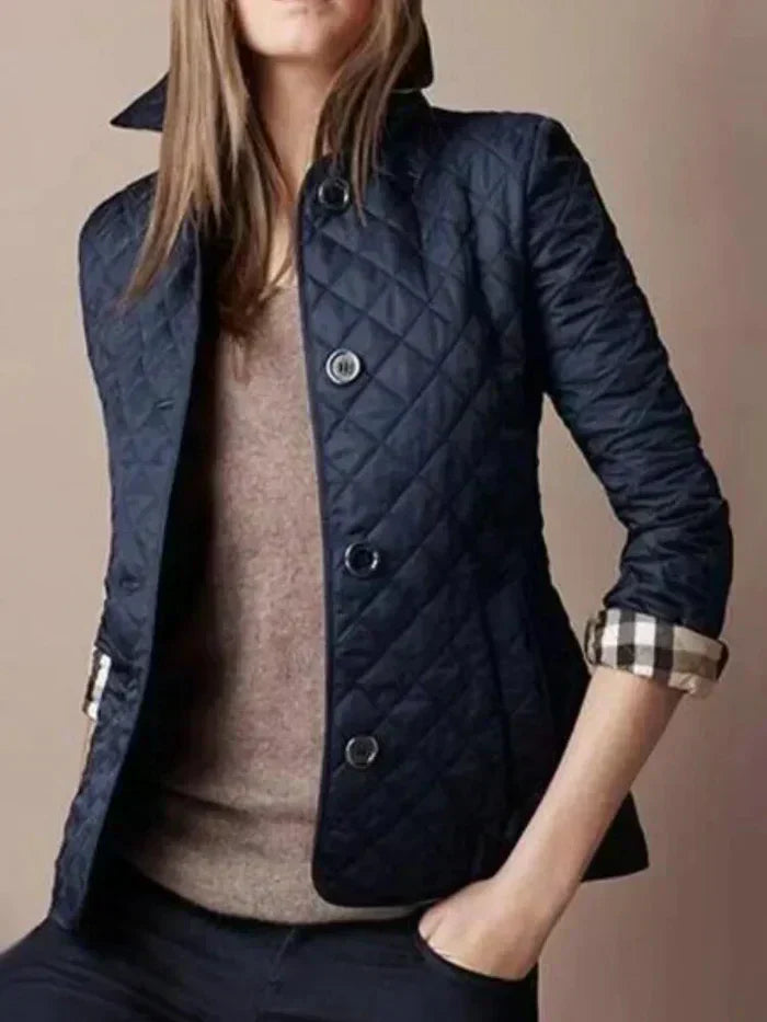 Women’s Quilted Jacket – Tailored Fit – Diamond Pattern – High Collar – Button Front