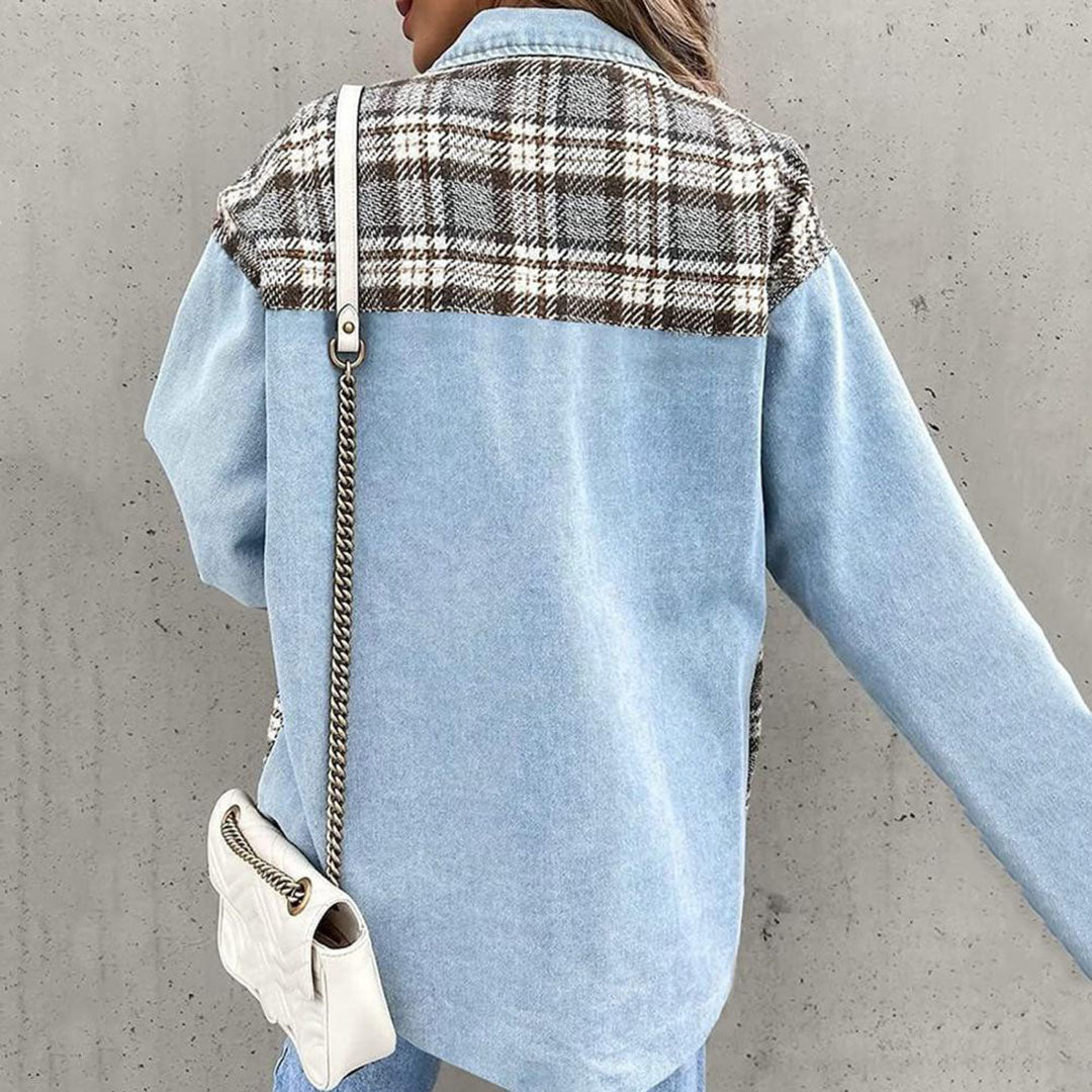 Women’s Casual Jacket – Relaxed Fit – Button Front – Patchwork Plaid Panels