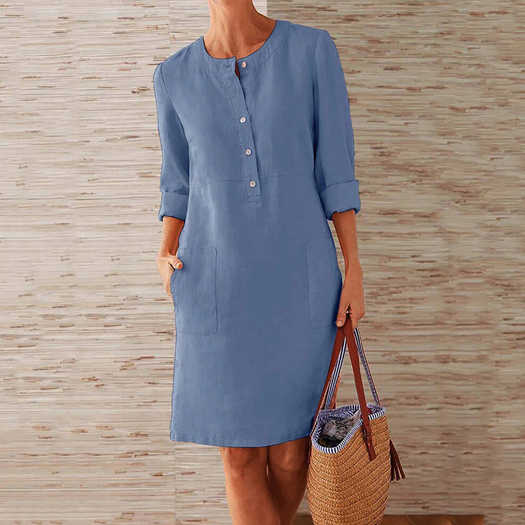 Women's Knee-Length Dress - Relaxed Fit - Button Front - Long Sleeves - Lightweight Fabric