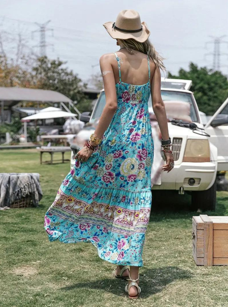 Women's Maxi Dress - Bohemian Style - Floral Print - V-Neck - Ruffled Hem - Tassel Detail