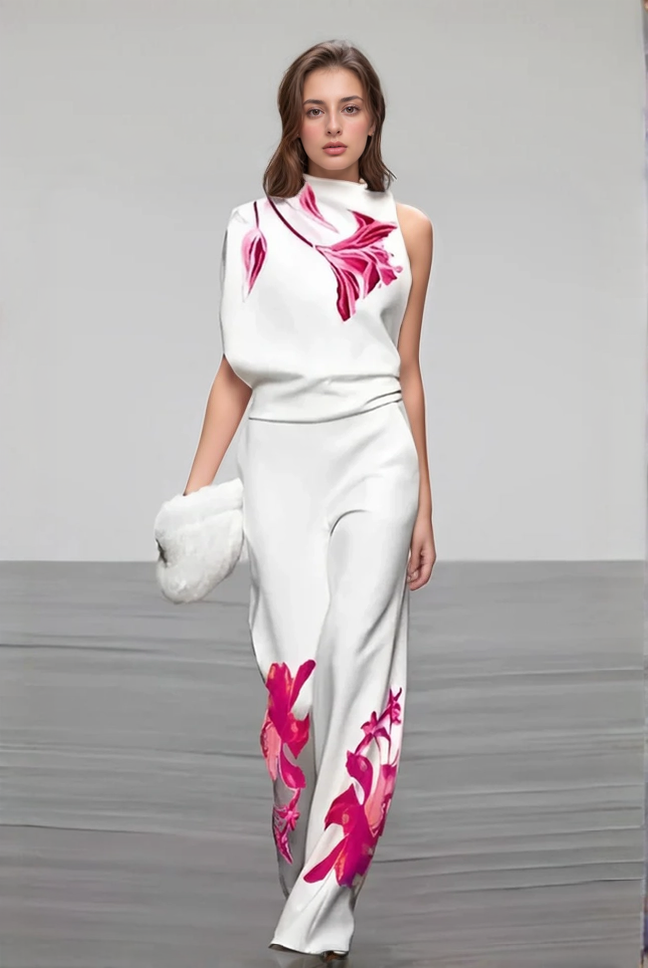 Women's Two-Piece Outfit - Sleeveless Asymmetrical Top & High-Waisted Wide-Leg Trousers
