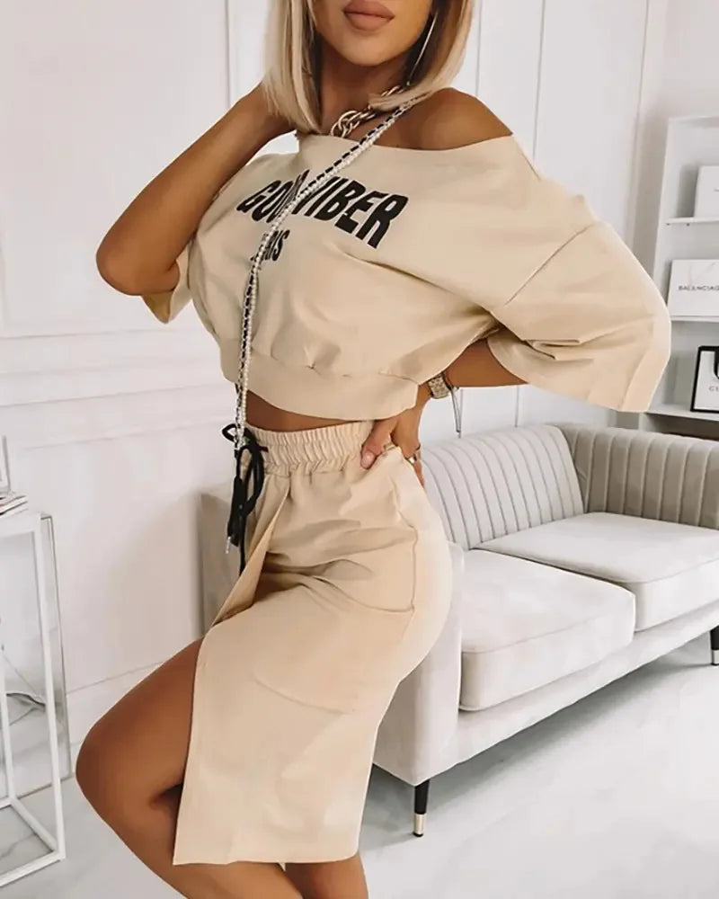 Women's Two-Piece Set - Cropped Sweatshirt & Midi Skirt - Side Slit - Drawstring Waist