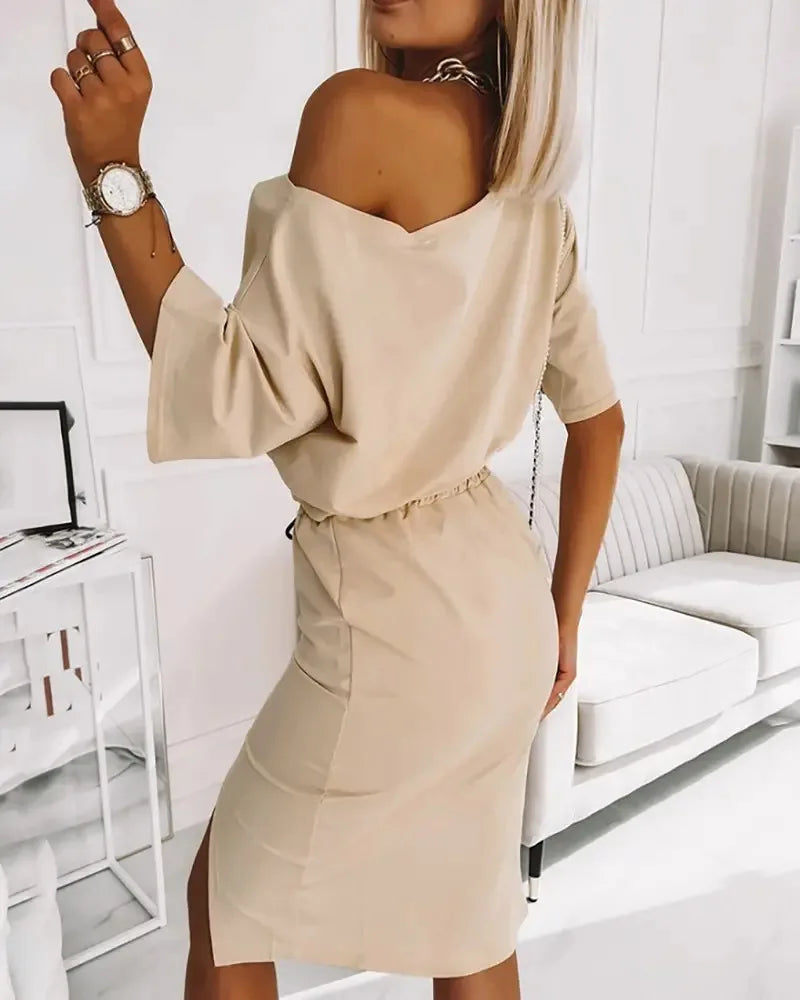 Women's Two-Piece Set - Cropped Sweatshirt & Midi Skirt - Side Slit - Drawstring Waist